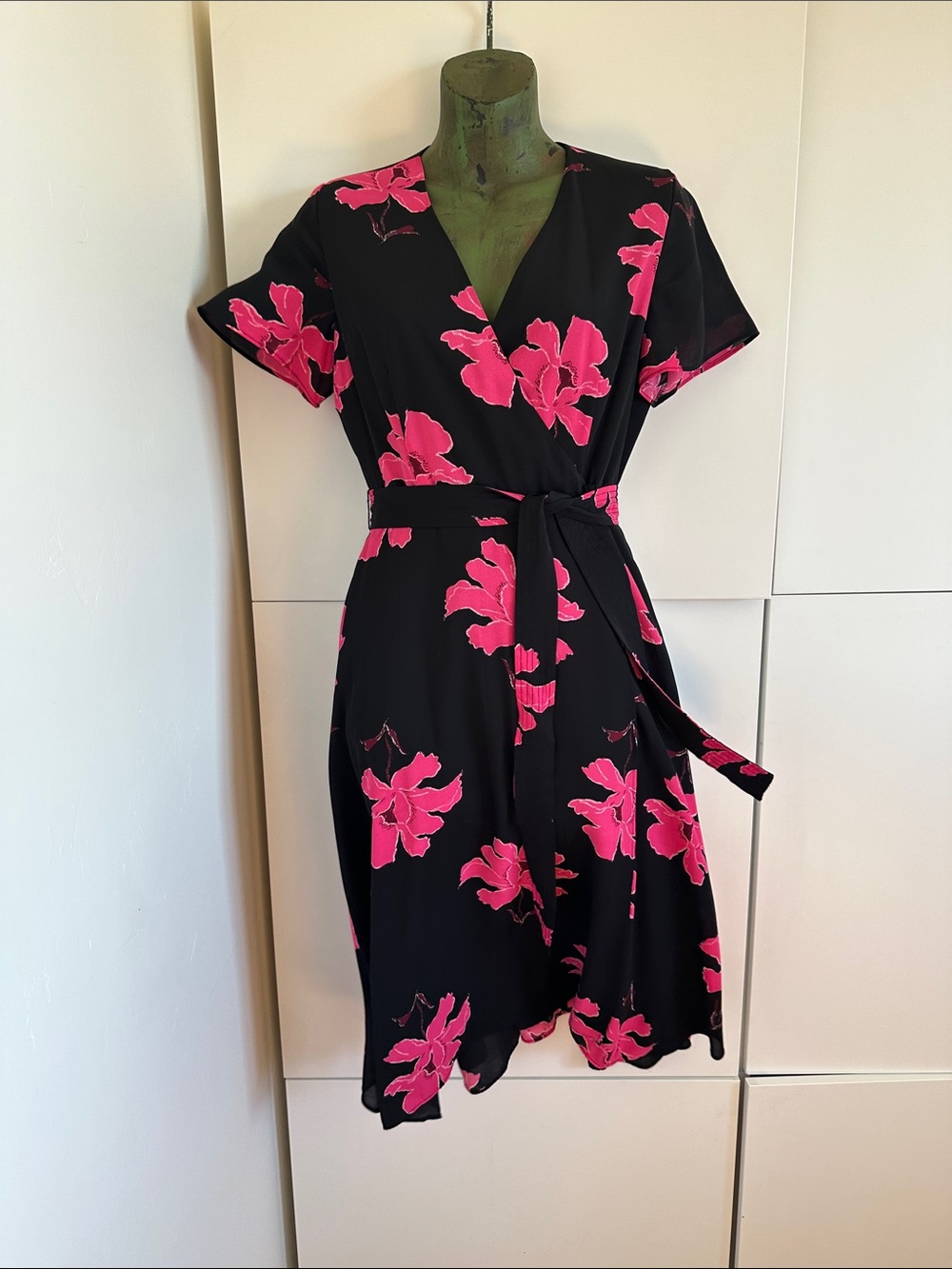Alfani Black Wrap Dress with Hot Pink Floral Print